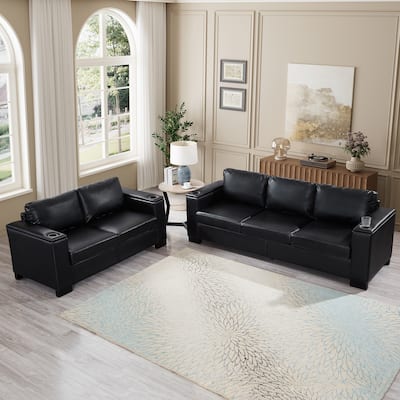 PU Leather Loveseat Sofa & 3 Seater Lounge Couch Set with Cup Holders, Storage Armrests and Seat for Living Room, Office