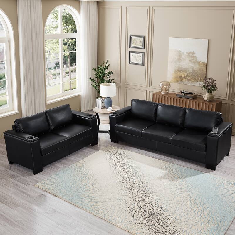 Roomfitters 2-Piece 2+3 Seater Sofa Set with Square Armrests, Faux Leather Couches with Cup Holder and Storage for Living Room - Black