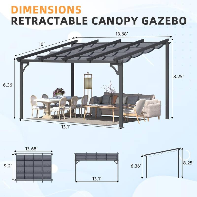 AECOJOY Outdoor Gazebo for Patio, Retractable Pergola with Adjustable Sun Shade Canopy Roof