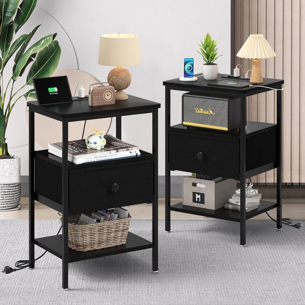VECELO Nightstand Set with Charging Station 2 AC Outlets & 2 USB Ports 24-Inch High nightstand with Fabric Drawer 2 Open Shelves