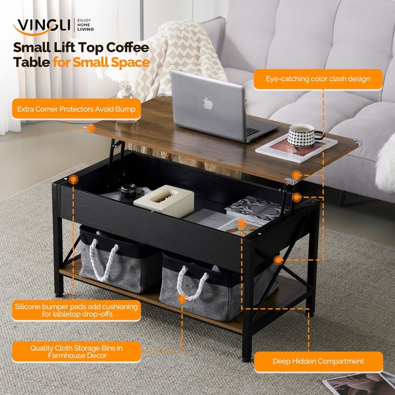 VINGLI Adjustable Side X-shaped Metal Frame Rectangular P2 Board Brown Panel Wood Grain Side Panel Coffee Table