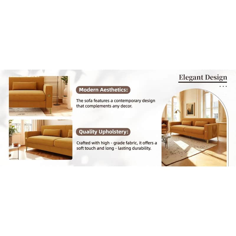 Roomfitters Mid-Century Modern Upholstered Sofa with Gold Metal Legs and Square Arms, Elegant Couch for Living Room