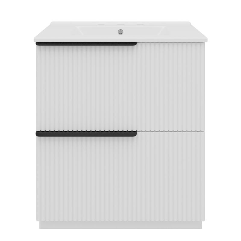 Vertical Grooves Bathroom Cabinet Storage Vanity with Ceramic Sink, Full-Extension Split Drawers and Soft Close Drawer Slides