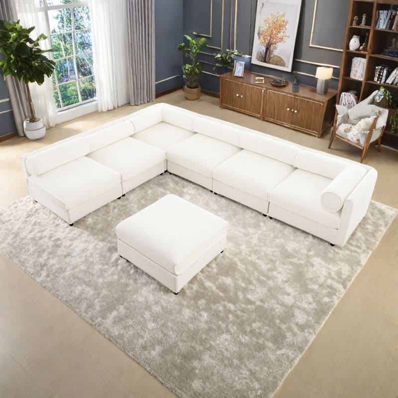 142.5" 6-Piece Chenille Modular Sectional Sofa with Storage, Cylindrical Design, and Easy Assembly - White