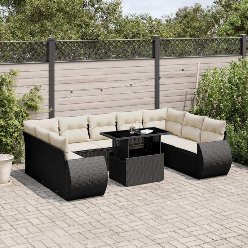 vidaXL Patio Sofa Set with Cushions Outdoor Furniture 10 Piece Poly Rattan - 21.7 x 39.4 x 28.7 - Black and Cream-without storage