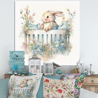 Designart 'Baby Bunny In Crib With Flowers II' Animals Canvas Wall Art