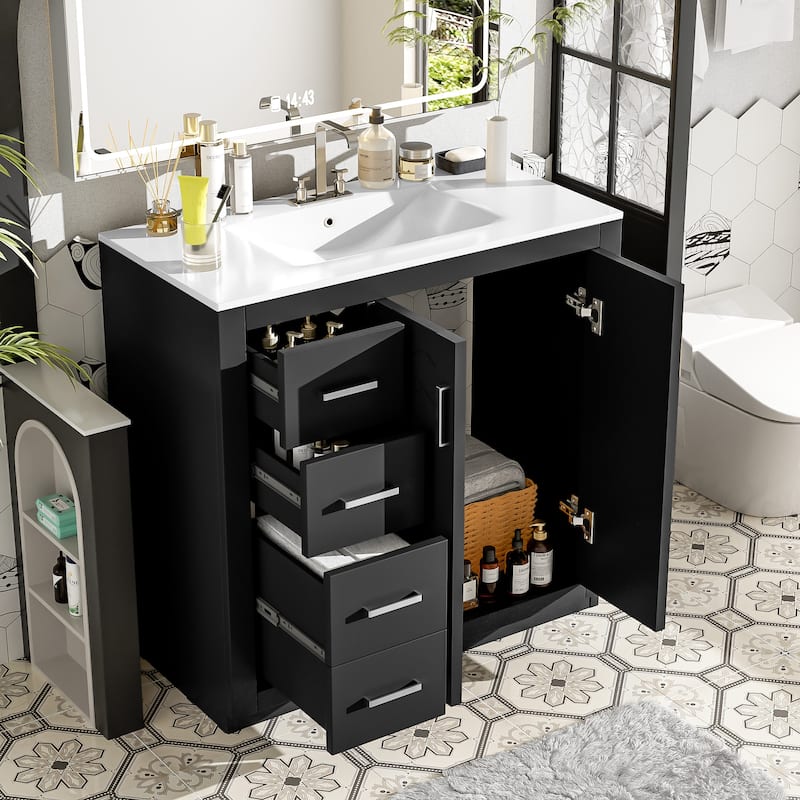 36'' Freestanding Bathroom Vanity Set–Features a Ceramic Sink, Solid Wood Frame,3 Soft-Closing Drawers, and Ample Storage Space.