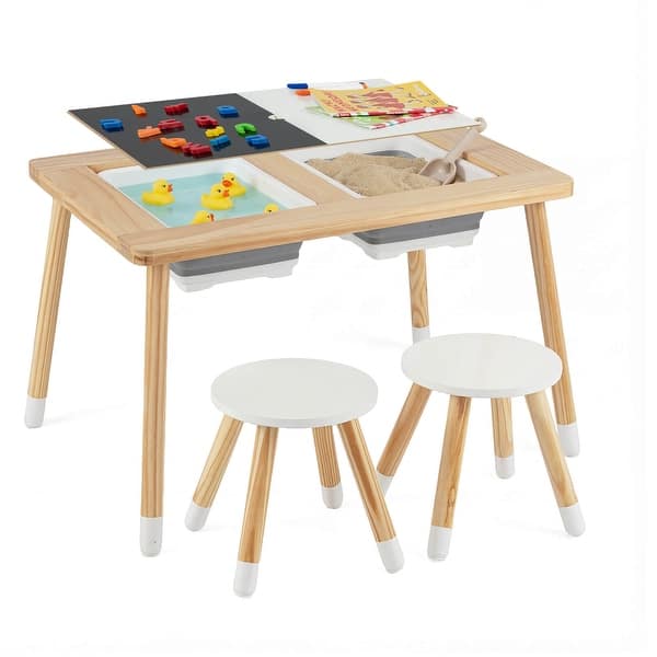 slide 2 of 10, Costway Sensory Table with 2 Stools, Detachable Double-Sided Tabletops - See Details Natural + White + Black - See Details