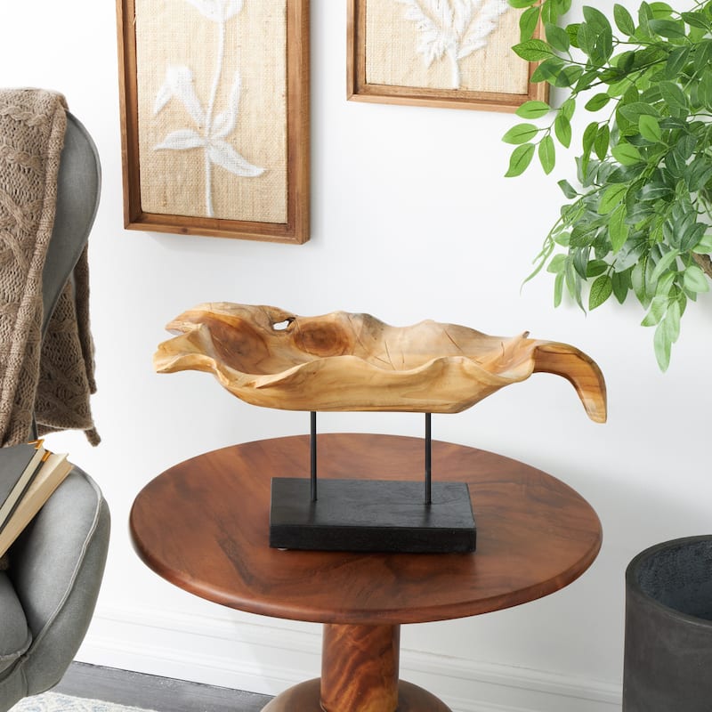 Teak Wood Leaf Floating Sculpture with Black Stand and Base - Brown - Roche River Decor - 11"W x 21"L x 10"H