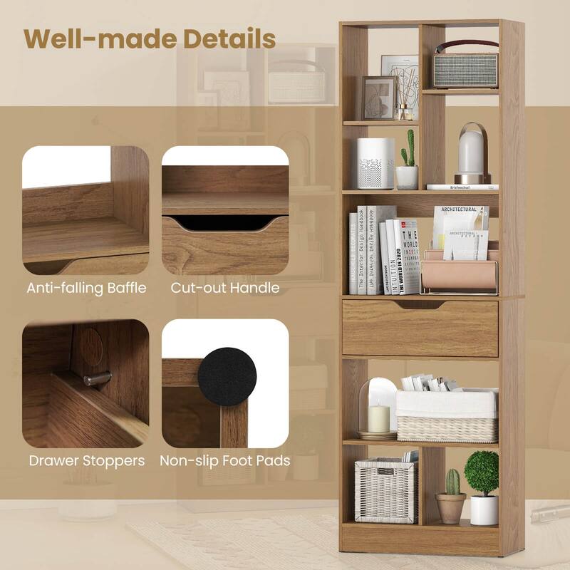 Costway 1/2 PCS 61” Bookcase with Drawer, 8 Open Cubes, Anti-toppling - See Details
