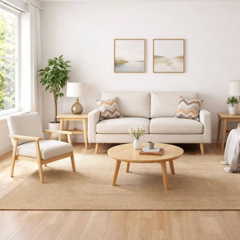 Gala 2 Piece Sofa and Chair Set, Ivory Fabric, 2 Pillows, Brown Wood Frame