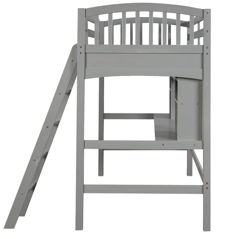 Twin Size Loft Bed with Desk and Shelves, Space-Saving Wooden Frame