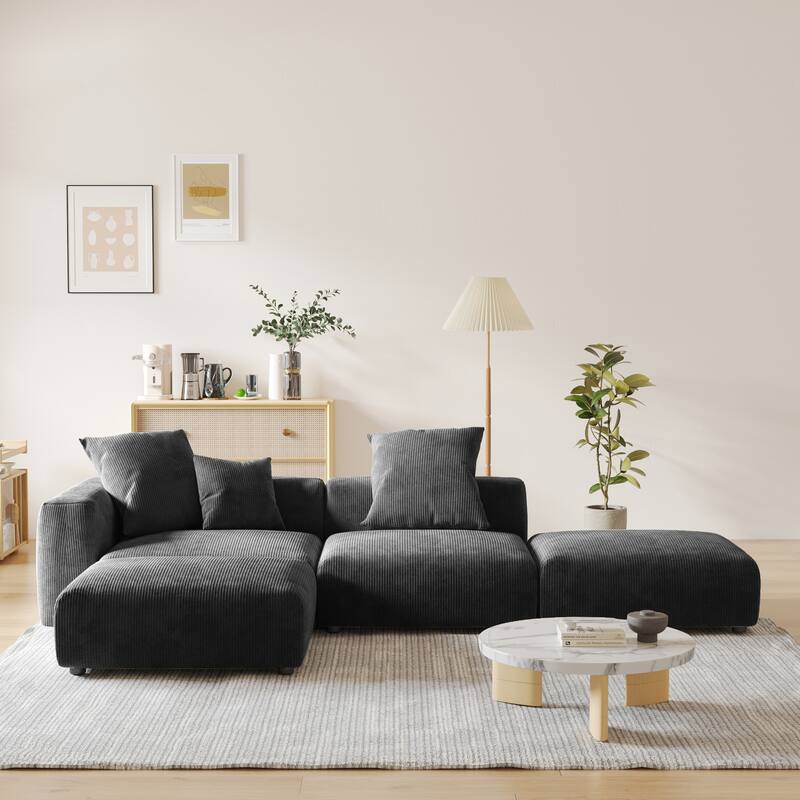 L-shaped Modular Sectional Sofa Corduroy Upholstered Couch with Chaise Ottoman and 3 pillows