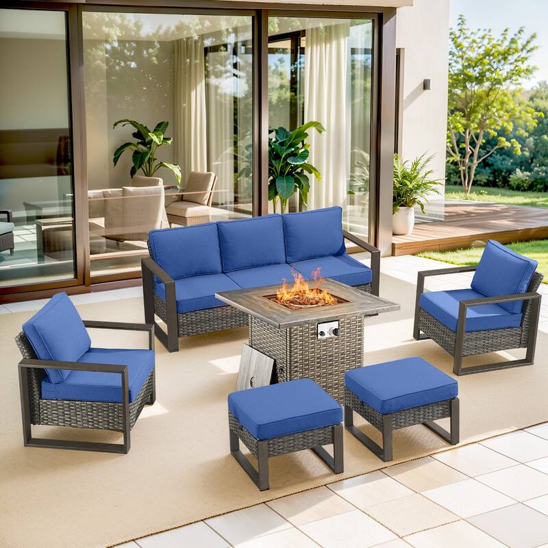 Pocassy 4/6/8PCS Sofa Swivel Chair with Fire Pit Table Set - Grey Wicker Blue Cushion - 6-Piece Sofa Patio Chair Ottoman with Fire Table