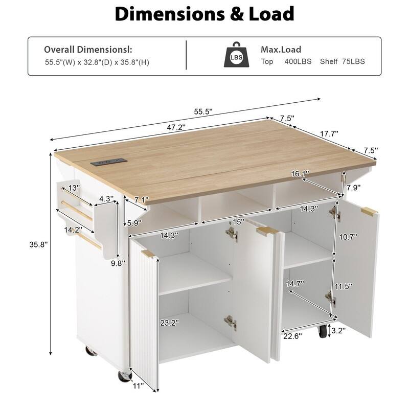 Modern 55.5" Fluted Kitchen Island with Drop Leaf, Kitchen Storage Cart on 5 Wheels with Power Outlet, Spice rack,Curved Edge