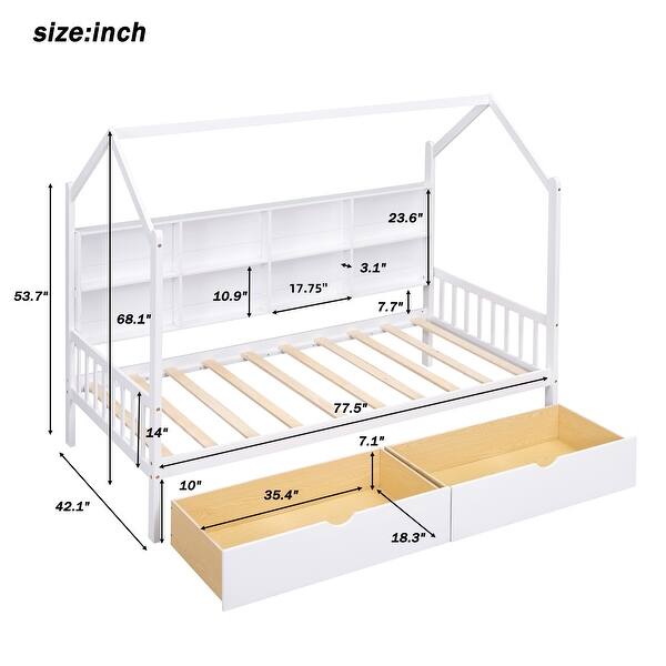 Kids Roof House Bed Wood Bed Frame with 2 Pull-out Drawers & Storage Headboards Bed, Storage Platform Bed