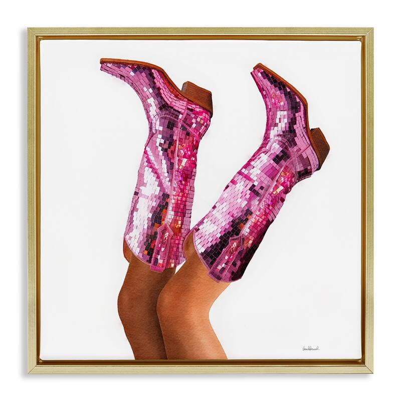 Stupell Pink Glam Cowgirl Boots Framed Floater Canvas Wall Art Design By Amanda Greenwood - 25 x 25 - Gold