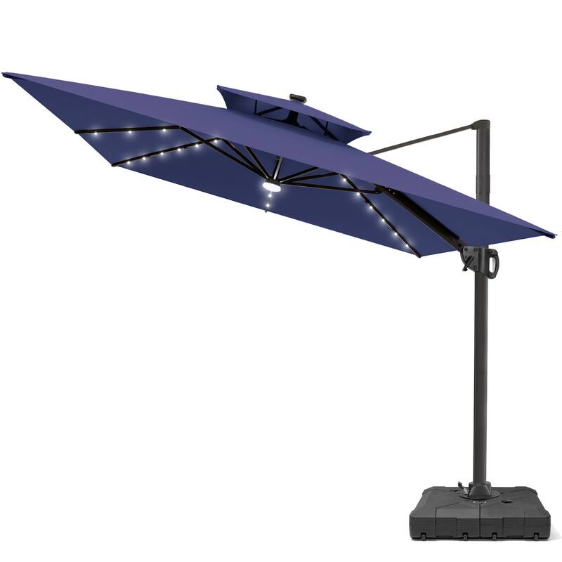 9 X 11 FT Outdoor Patio Cantilever Umbrella with Solar Lights Wheeled Base Double Canopy 360 Rotation Tilt