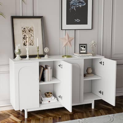 4 Door Intaglio Storage Cabinet, Buffet Cabinet with Adjustable Shelf, Accent Cabinet with Solid Wood Pulls & Pine Legs
