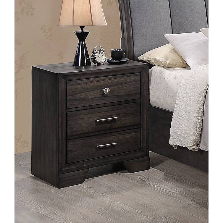 Contemporary Dark Wood Nightstand, 3 Drawers, Solid Wood, Bedroom Furniture - Gray