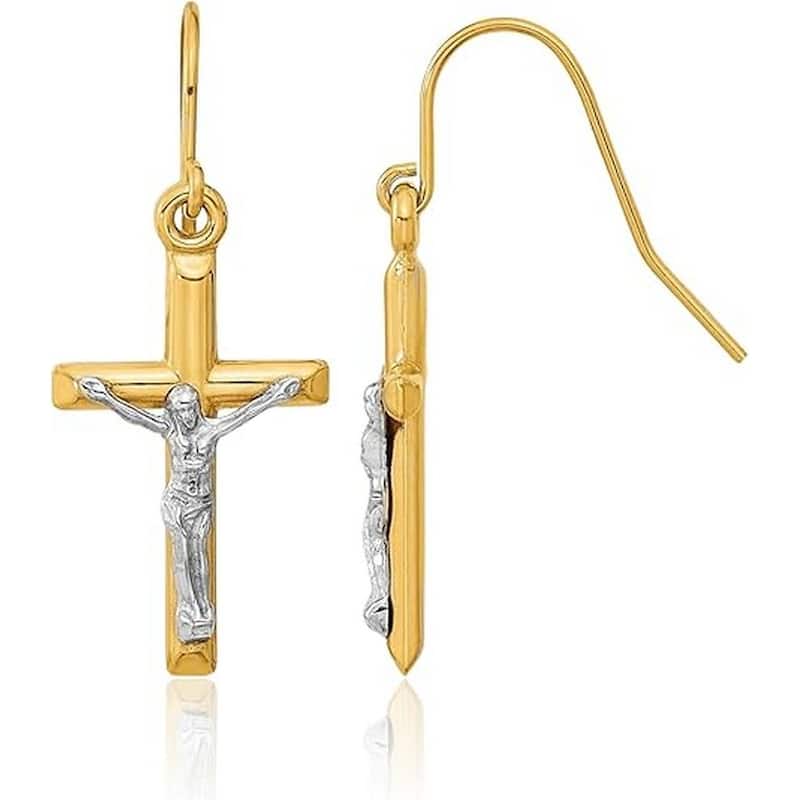 Curata 10k or 14k Two-Tone Gold Crucifix Cross Hook Drop Earrings -12mm x 30mm