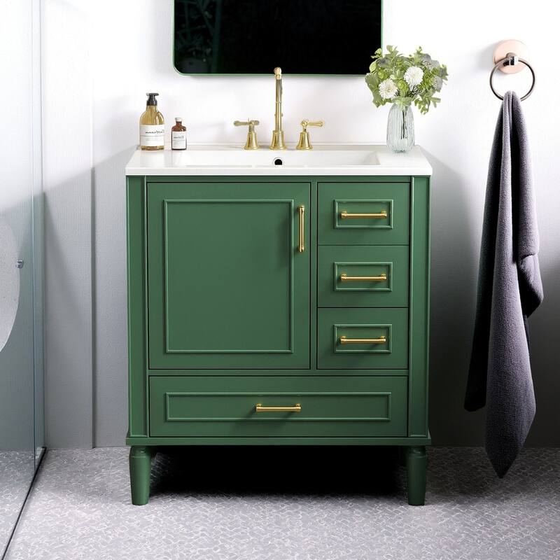 30" Ceramic Sink Bathroom Vanity with Gold Handles, Soft-Close Storage & Space-Saving Design - Green