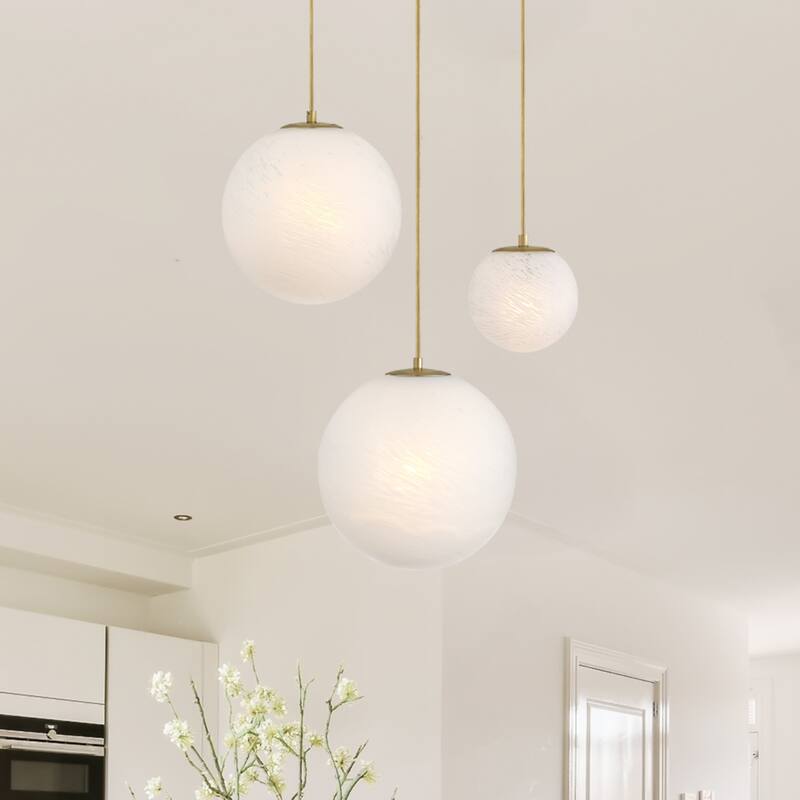 Pixie 3-Light Brushed Gold Modern Globe Chandelier for Entryways with Mixed-Size Etched Cloud Glass Shades - 28.75