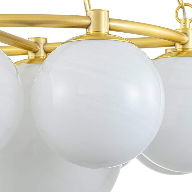 9-Light Mid-century Aged Brass Opal Cloud Glass Dimmable Chandelier