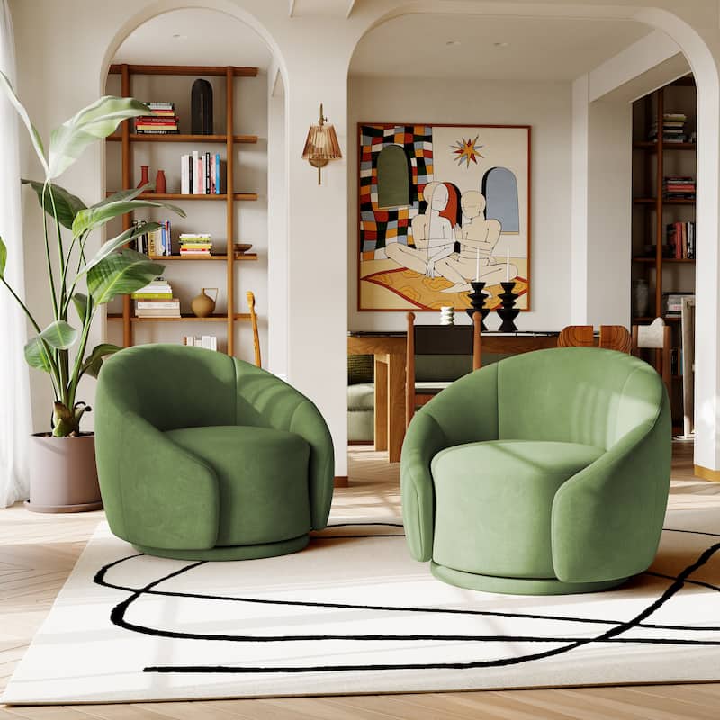 34" Wide 2 Set Velvet/ Boucle Barrel Swivel Chair - Velvet - Green