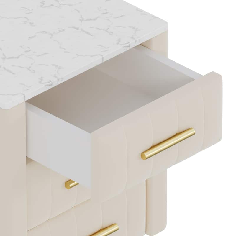 Nightstand with 3 Storage Drawers, Velvet Nightstand with Faux Marble Top, Sofa Side Table with Metal Legs and Handles