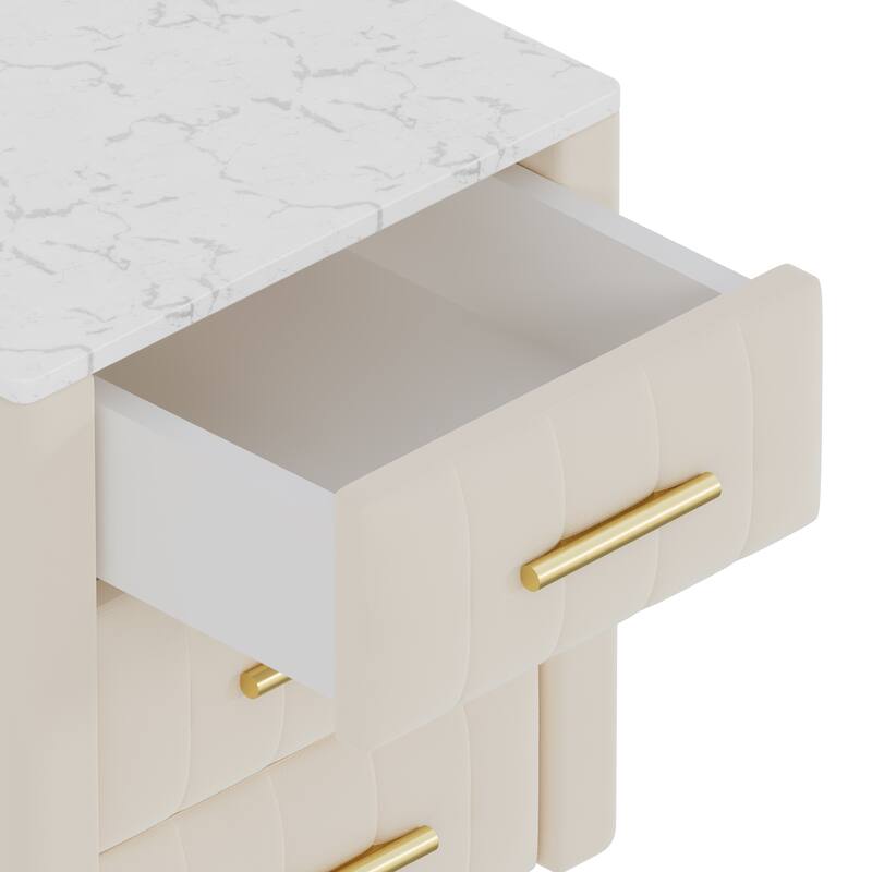 Upholstered Wooden 3-Drawer Nightstand - Metal Legs/Handles + Marbling Sticker Top Bedside Table (Beige)