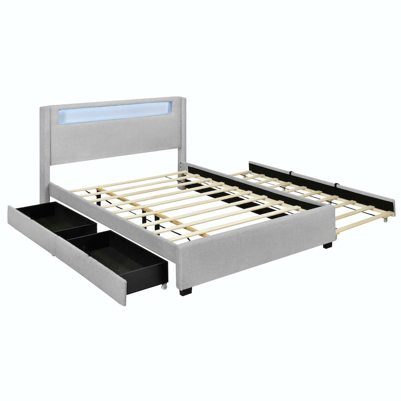 Full Size Upholstered Bed with LED and Twin Size Trundle