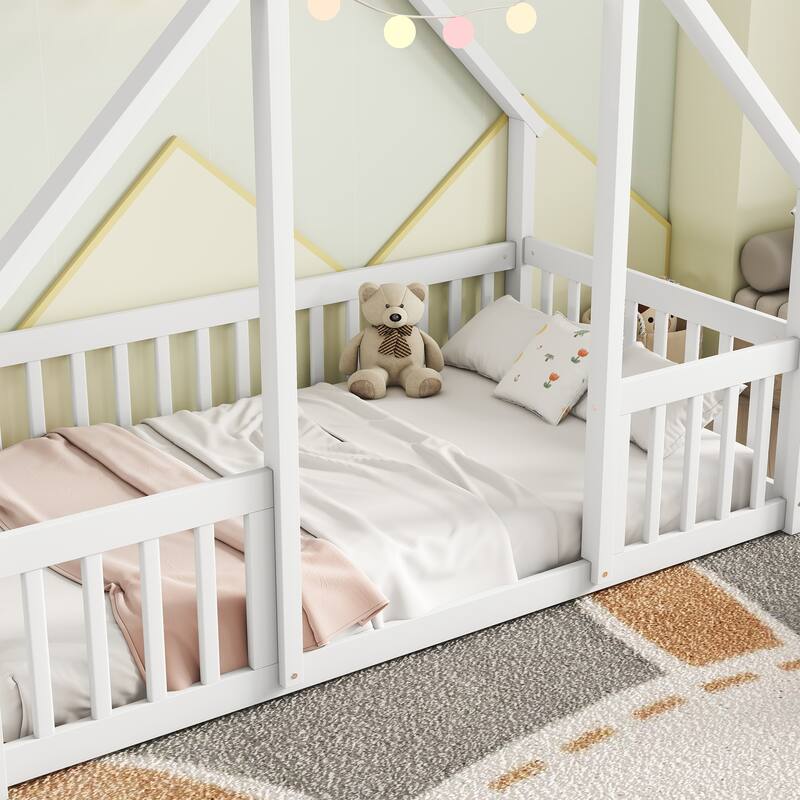 Twin Wood House-Shaped Floor Bed with Fence, Guardrails for Small Space, Living Room, Bedroom, Apartment