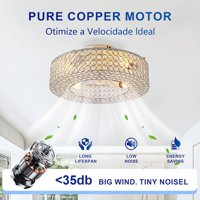 19.6'' Crystal Ceiling Fans with Remote, Flush Mount Ceiling Fan with Light, Chandelier Fan 6 Speed DC Motor Reversible
