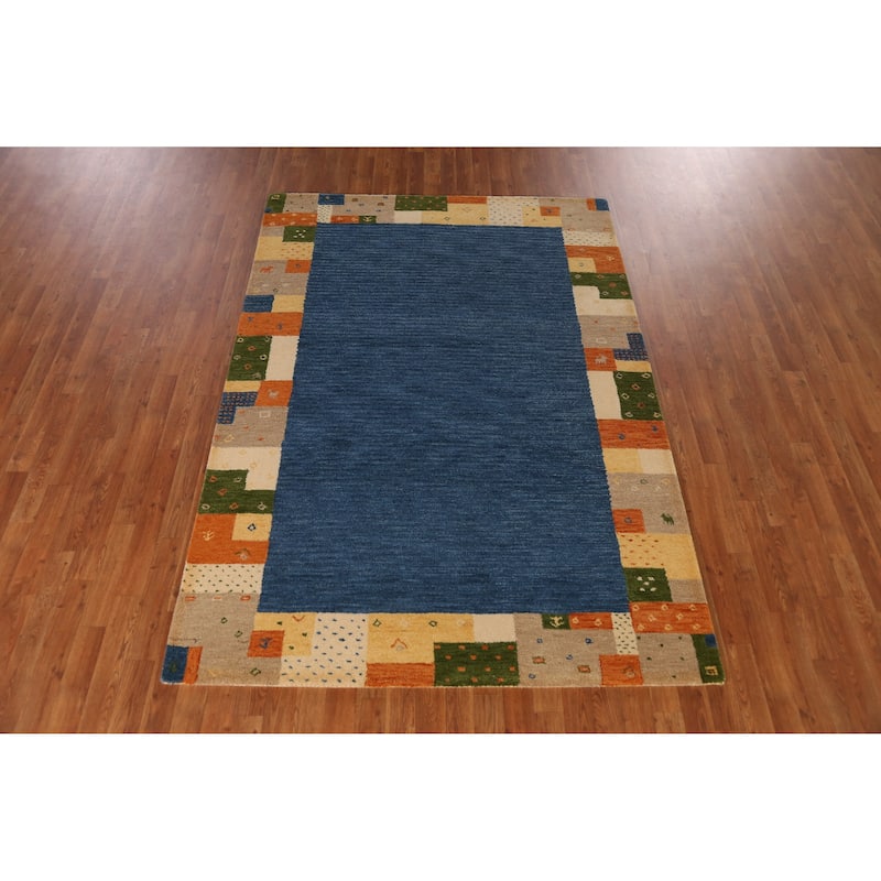 Blue Geometric Gabbeh Indian Area Rug Handmade Border Wool Carpet - 5'3" x 7'7"