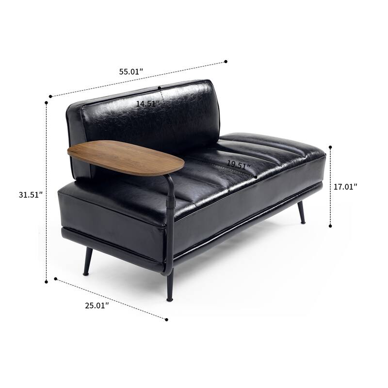 Modern minimalist bench with upholstered backrest and 360-degree swivelling side table, metal legs