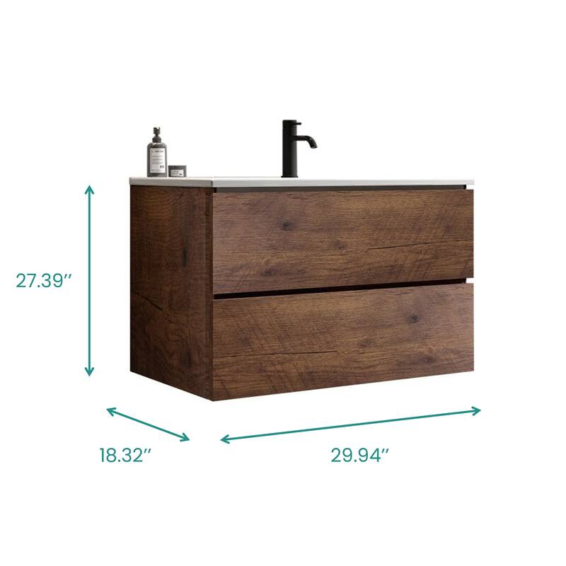GDFStudio - Tia Wall-Mounted Bathroom Vanity with Ceramic Sink, Soft Close Drawers & U-Shaped Drainage