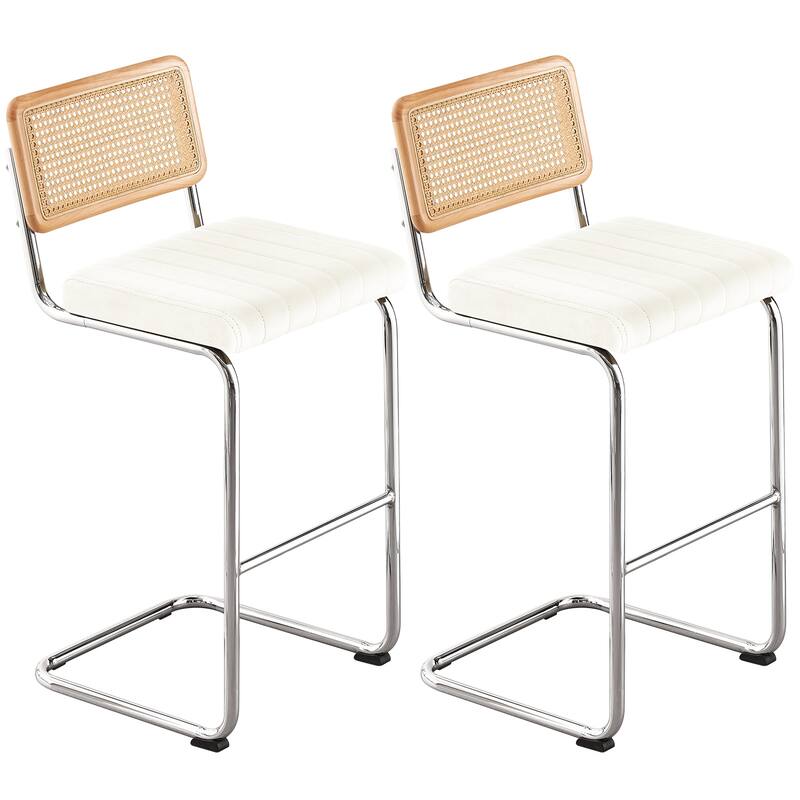 Velvet Upholstered Rattan Counter/Bar Stools, Set of 2/3 - Set of 2 - 30" White-Silver Legs