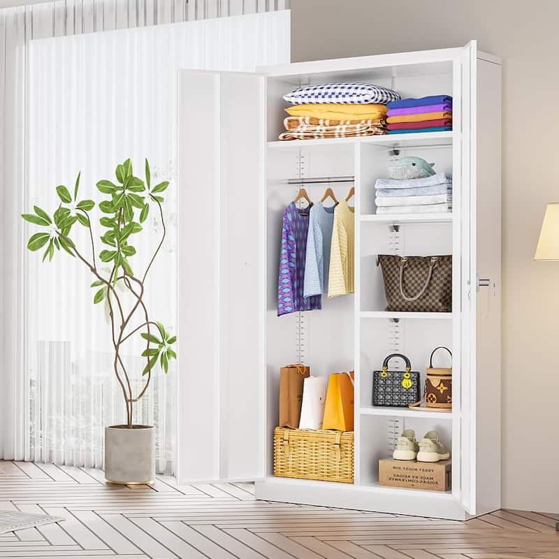 71'' - 72'' Tall Wardrobe Armoire Clothing Closet Storage Cabinet with Hanging Rod and Adjustable Shelves - 72'' H White