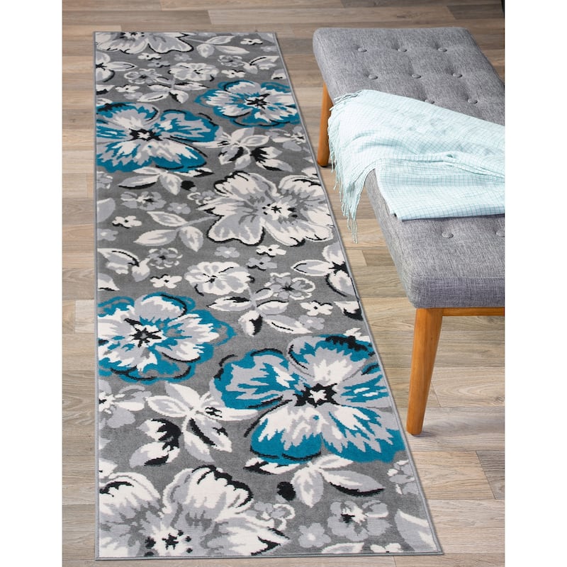 World Rug Gallery Modern Floral Design Area Rug - 2' x 10' - Blue - Runner