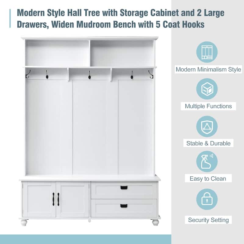 Minimalist Hall Tree with Coat Hooks, Storage Bench, and Dual Drawers