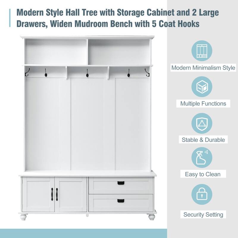 Modern Style Hall Tree with Storage Cabinet and 2 Large Drawers,Widen Mudroom Bench with 5 Coat Hooks