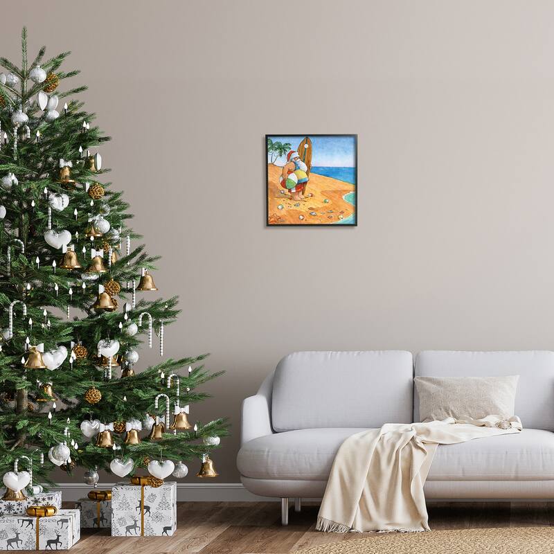 Stupell Santa Claus On Beach Surf Board Tropical Christmas Framed Wall Art - Blue