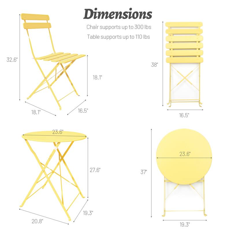 3 Pieces Patio Bistro Balcony Metail Chair Table - Chair:16.5"L * 18.1"W * 32.6"H