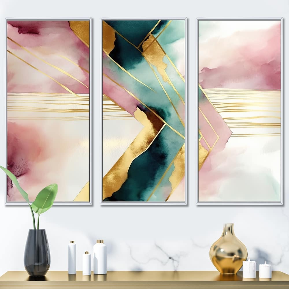 Designart "Abstract Geode Geometric Pink And Green III" Modern Geometric Framed Canvas Art Print - 3 Panels