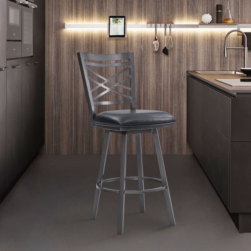 26" Transitional Black Faux Leather Metal Cross Back Bar Stool - 42" x 19" x 19"