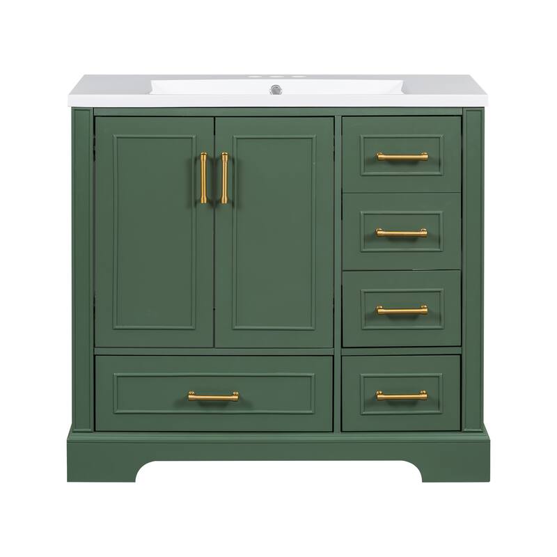 36 inch Solid Wood Traditional Bathroom Vanity with Ceramic Sink and Four Drawers