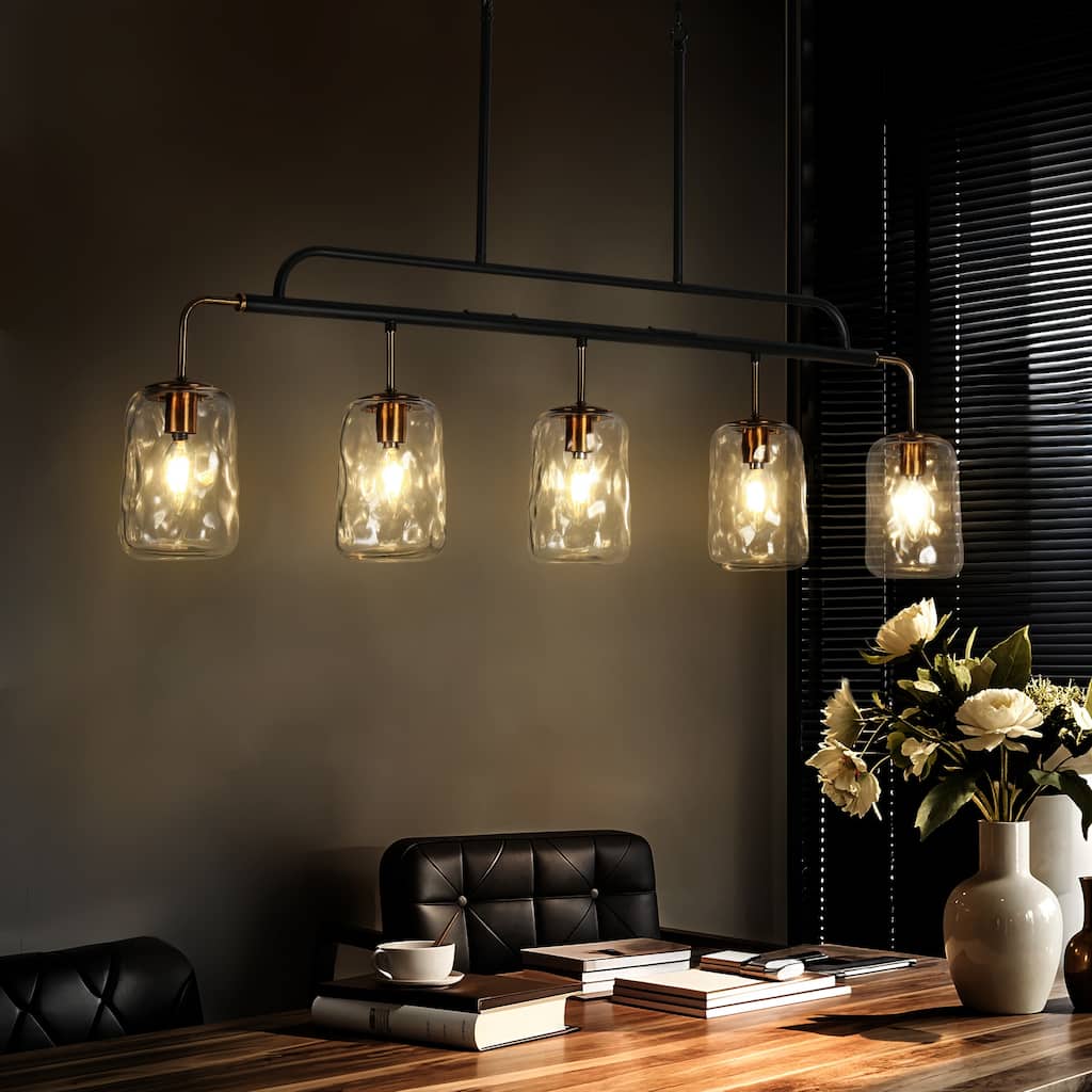 Modern 5-Light Hand-blown Glass 41" W Chandelier Gun Black Gold Kitchen Island Light - W 41.3" x D 4.3" x H 24"