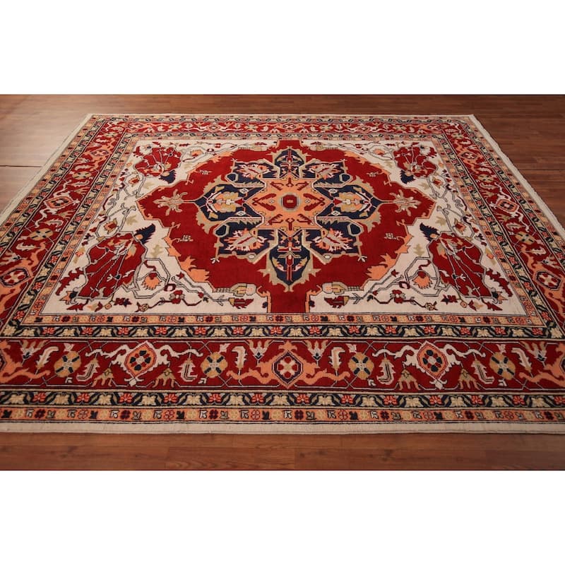 Geometric Red Heriz Oriental Area Rug Hand-Knotted Wool Carpet - 8'0" x 9'8"