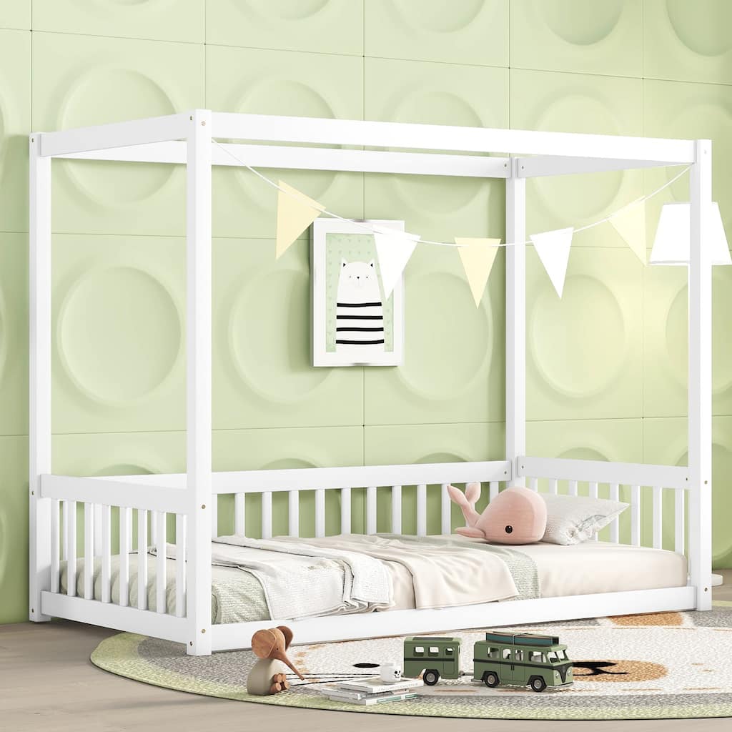 Twin Size Canopy Frame Floor Bed with Fence and Guardrails in White